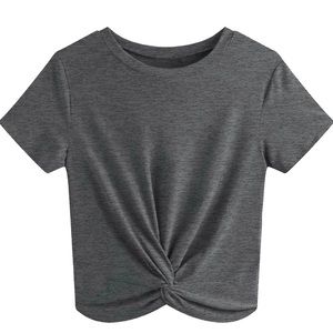 JINKESI Causal Short Sleeve Blouse Round Neck Crop Tops Twist Front Tee T-Shirt